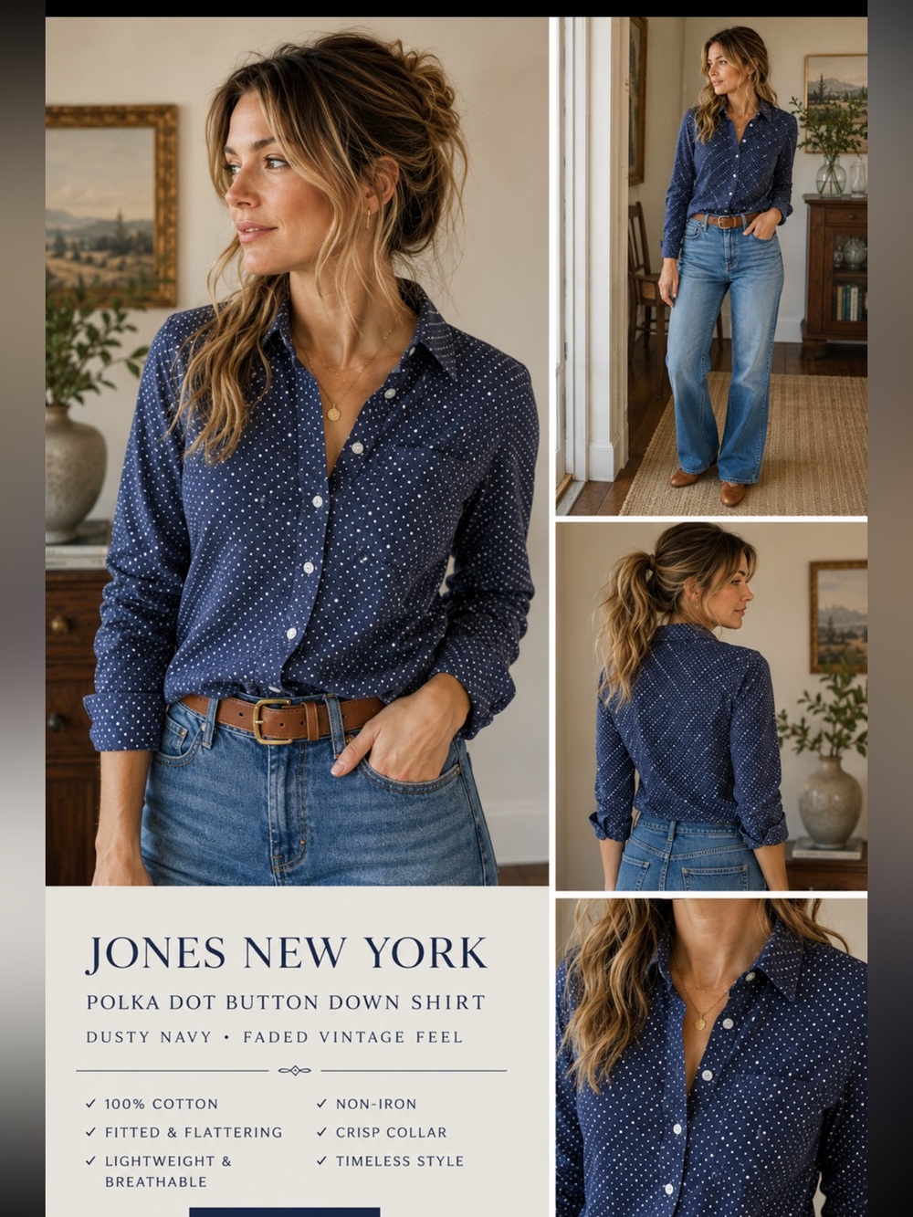 Jones New York Navy White Polka Dot Cotton Button Down Shirt S